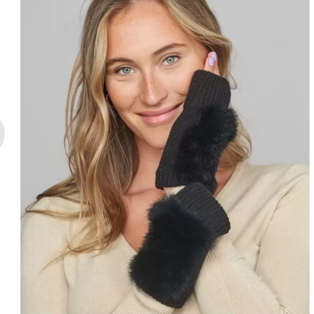 JOCELYN Genuine Rabbit Fur Black Fingerless Mittens - BLOOMINGDALES - Picture 1 of 5